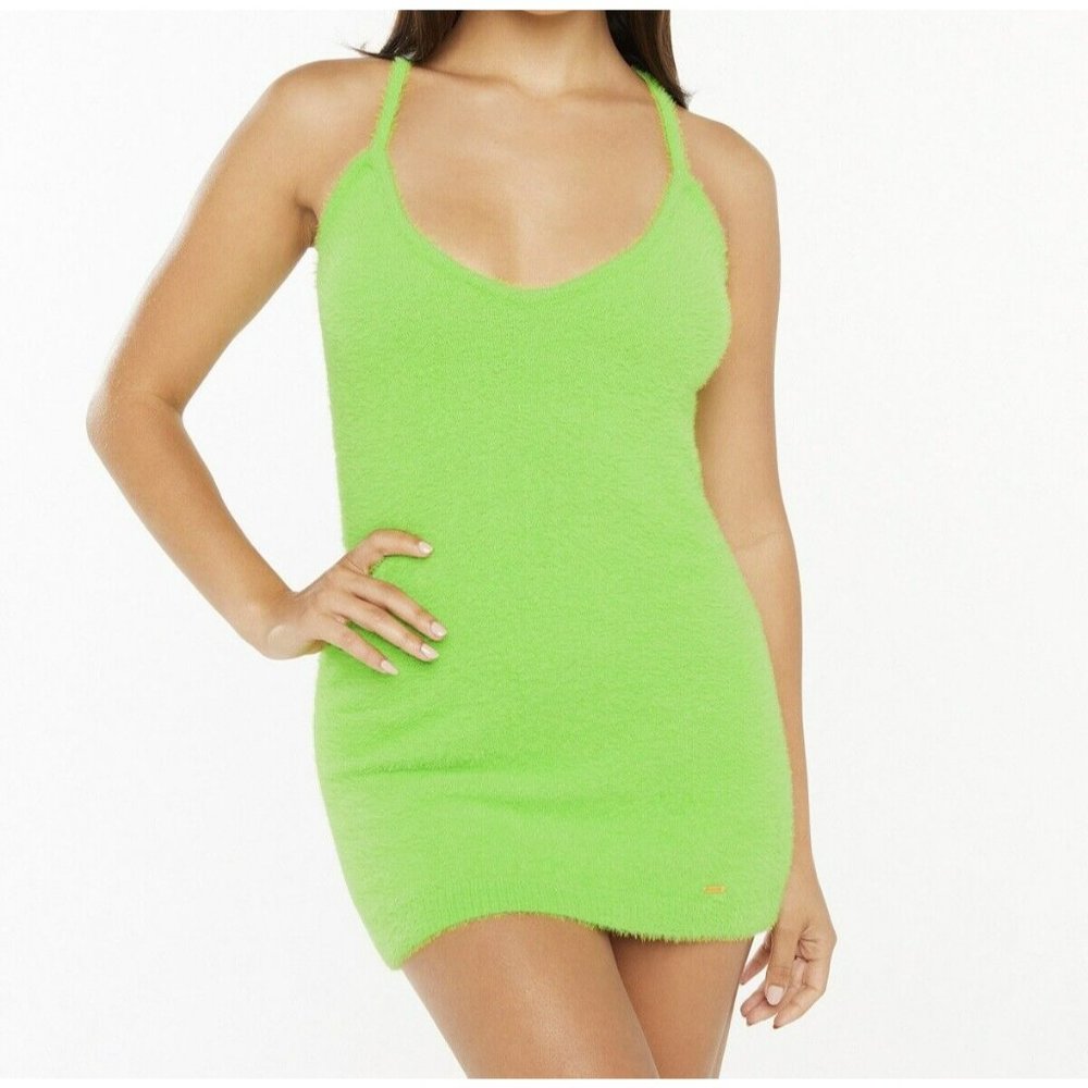 Savage‎ X Fenty Fluff it Up Slip Dress Fluffy Lime Green Large Body Form New NWT